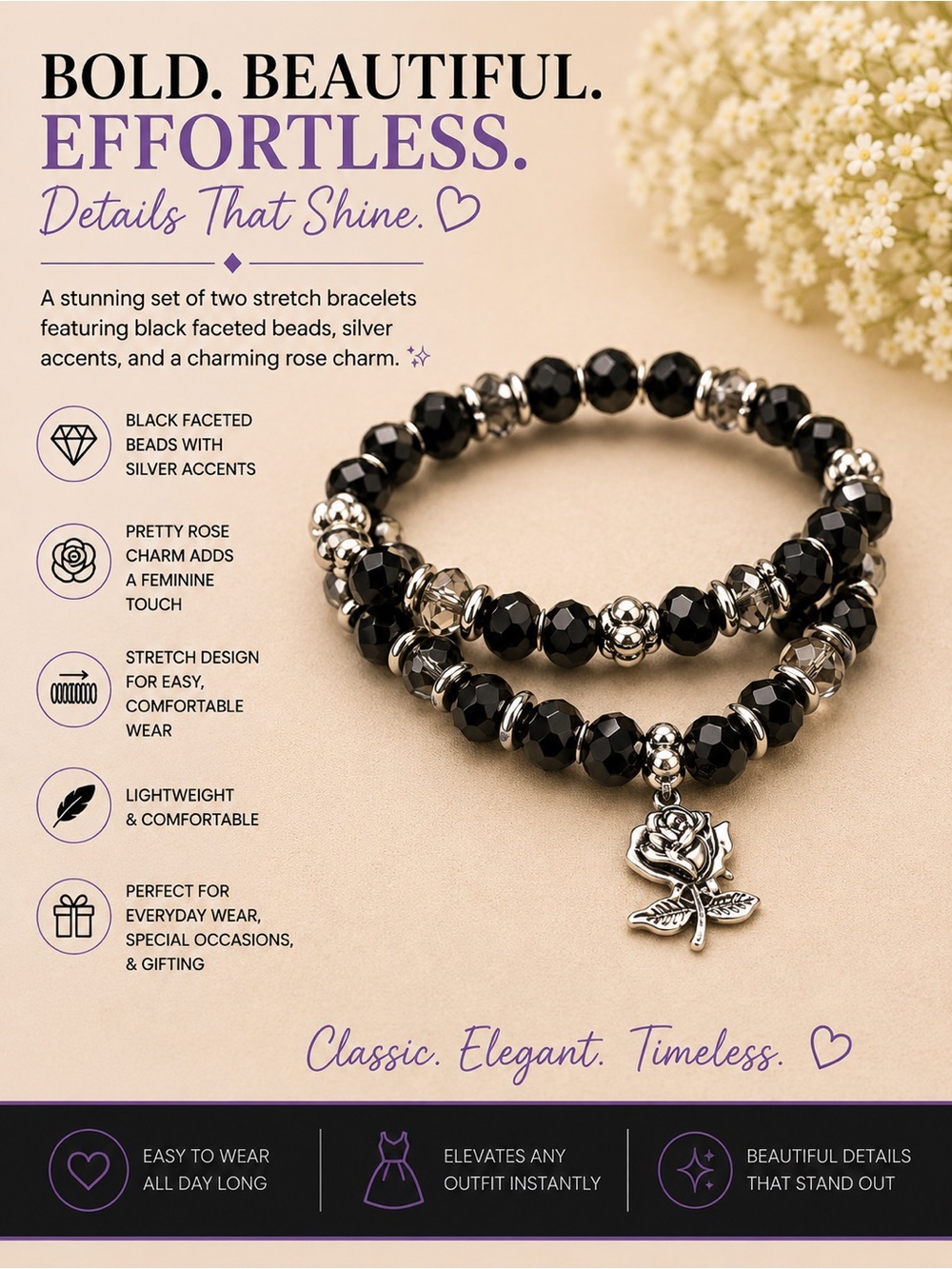 paparazzi Black and Silver Faceted Bead Stretch Bracelet Set with Rose Charm
